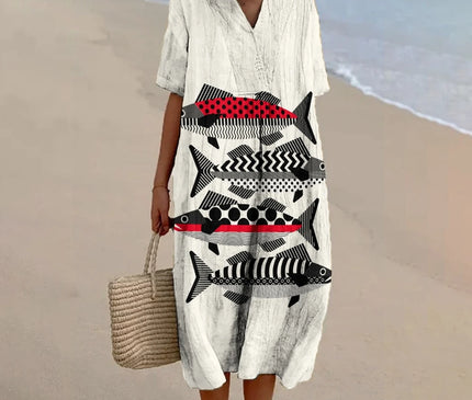 Robe Plage V-Col Imprimée Poissons
