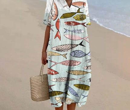 Robe Plage V-Col Imprimée Poissons