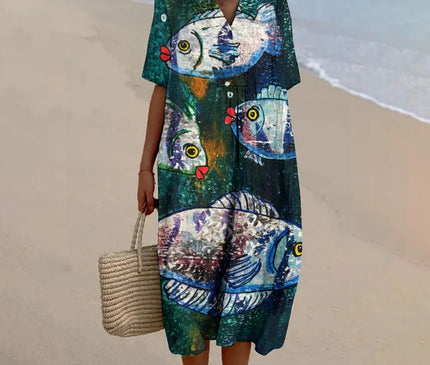 Robe Plage V-Col Imprimée Poissons