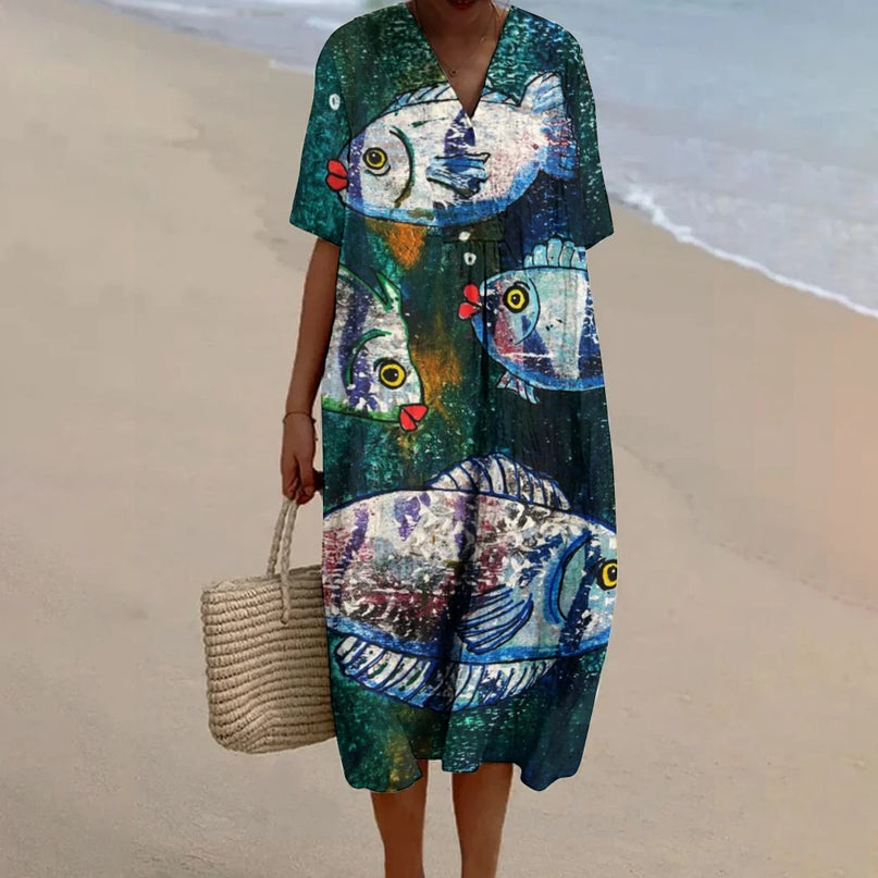 Robe Plage V-Col Imprimée Poissons