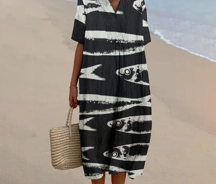 Robe Plage V-Col Imprimée Poissons