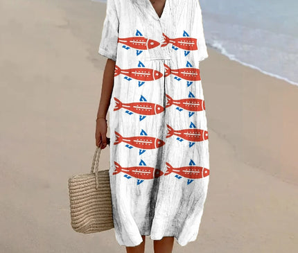 Robe Plage V-Col Imprimée Poissons