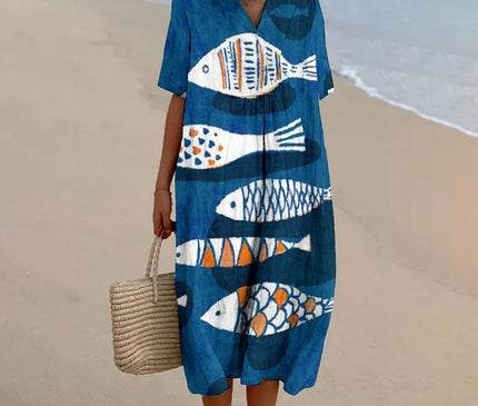Robe Plage V-Col Imprimée Poissons