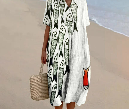 Robe Plage V-Col Imprimée Poissons
