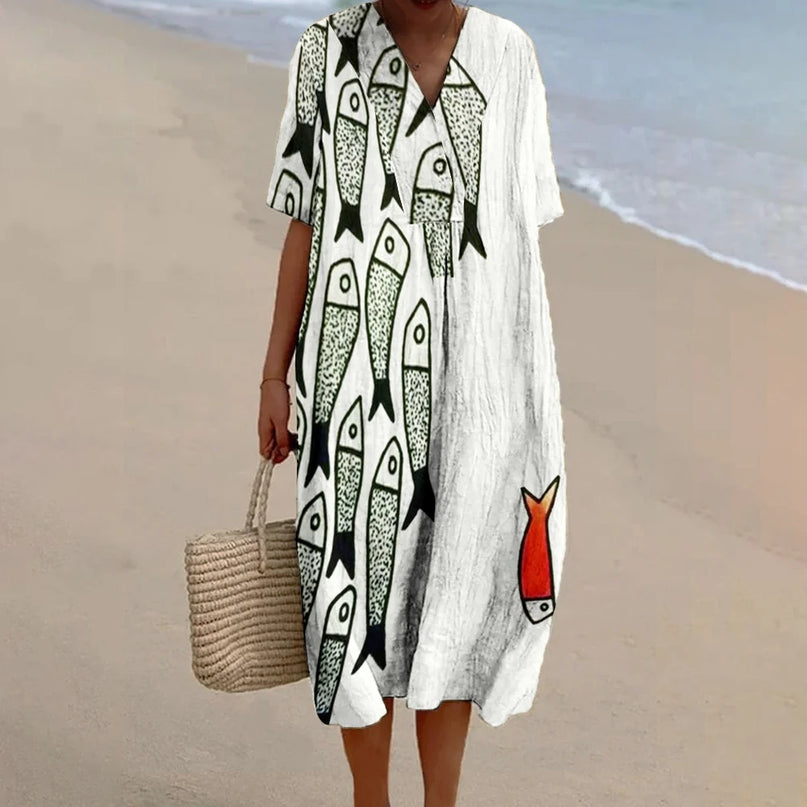 Robe Plage V-Col Imprimée Poissons